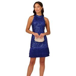 Adrianna Papell Women's Sequined Fringe Sheath Dress Ultra Blue Size 18